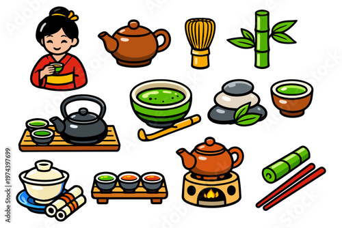 Asian tea ceremony elements with tea pots and bamboo sticks.