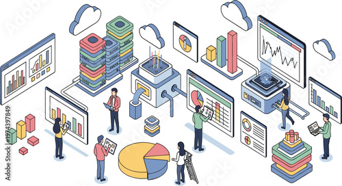 Big Data Analytics and Cloud Data Processing Concept with Business Intelligence Dashboards, Data Visualization Charts, and Team Analyzing Digital Information Systems