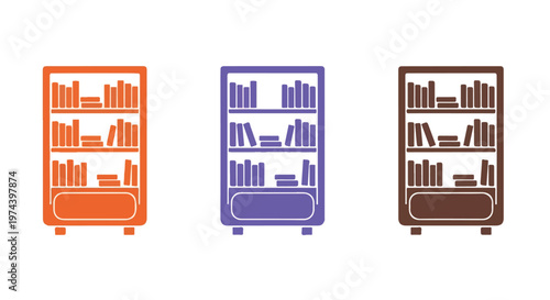 Three colorful bookshelves filled with books displayed in a row on a white background, representing knowledge