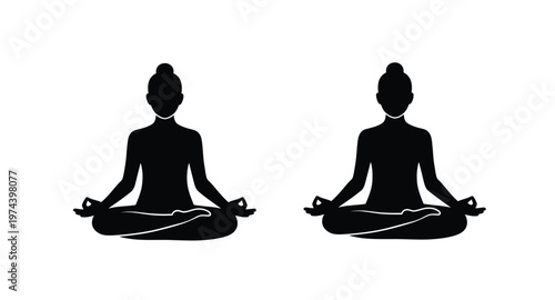 Two women in lotus position a graceful silhouette on transparent background