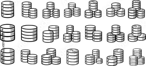 Technology Data Storage Database Server Icons Set. Hand-drawn Black  White Line Art for IT Management, Computing, and Digital Information Concepts.