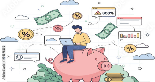 Personal Finance and Savings Concept Illustration with Man Using Laptop Sitting on Piggy Bank, Investment Growth, Interest Rates, and Financial Planning