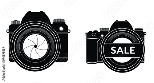 Two vintage cameras in black one with a sale tag on transparent background silhouette