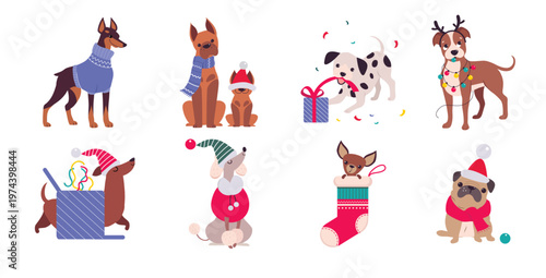  cute cheerful dogs with christmas symbols set xmas
