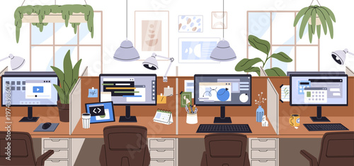 Empty open space office with monitors on the desks. Design of openspace with computers on tables, houseplants and lamps. Workplaces for employees and workers in workspace. Flat vector illustration