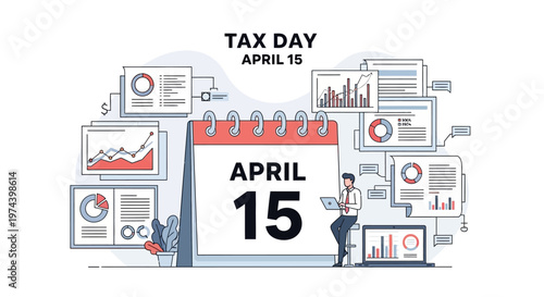 Conceptual illustration of the annual tax day deadline on April 15, featuring a large calendar surrounded by financial charts and a person with a laptop, set against a clean white
