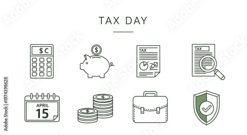 Minimalist vector illustration depicting the financial responsibility of tax filing, showcasing icons of a calculator, piggy bank, and calendar against a clean white background