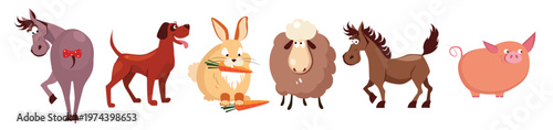 cute cartoon farm animals set horse sheep donkey rabbit