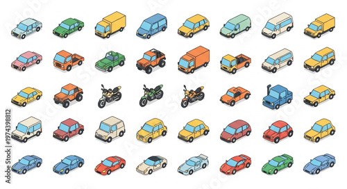 Colorful isometric miniature vehicle collection icons.