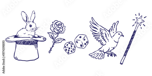 Set of magician's elements, tools for magic tricks. Hand drawn Professional illusionist equipment: hat with rabbit, magic wand, flower, dove, dice. Hand drawn Vector doodle illustration