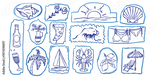 Set of Italian style vacation hand drawn vector illustrations in rough doodle sketch style elements. Lemon, palm tree vacation blue style drawings frame for poster, placard or emblem