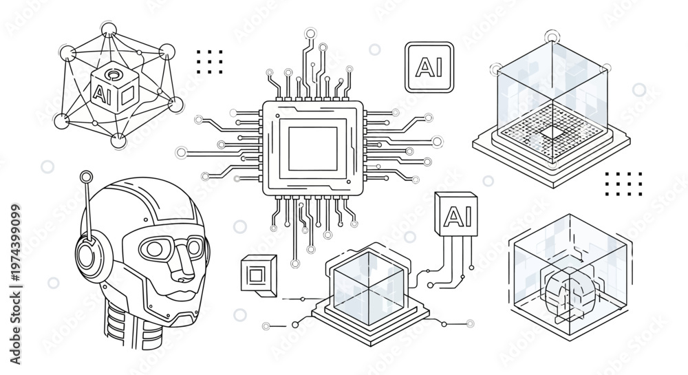 Fototapeta premium Monochrome line art illustration of DJ equipment including turntable headphones mixer and speakers.