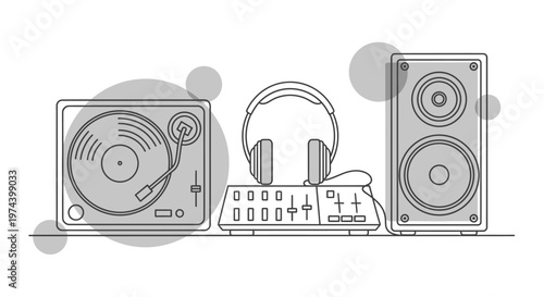 Monochrome line art illustration of DJ equipment including turntable headphones mixer and speakers.