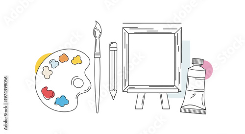 Monochrome line art illustration of DJ equipment including turntable headphones mixer and speakers.