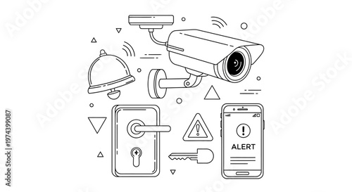 Monochrome line art illustration of DJ equipment including turntable headphones mixer and speakers.