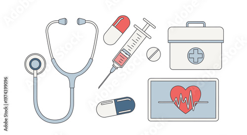 Monochrome line art illustration of DJ equipment including turntable headphones mixer and speakers.