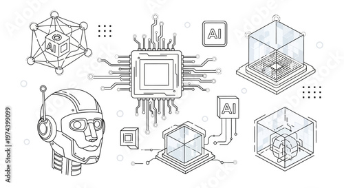 Monochrome line art illustration of DJ equipment including turntable headphones mixer and speakers.