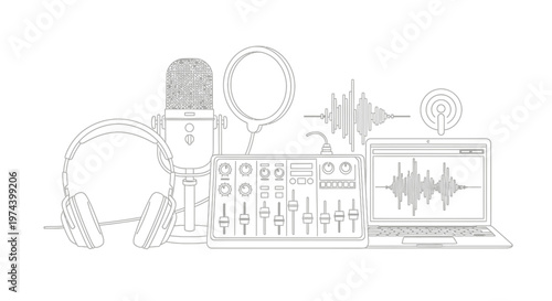 Monochrome line art illustration of DJ equipment including turntable headphones mixer and speakers.