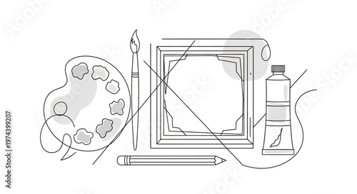 Monochrome line art illustration of DJ equipment including turntable headphones mixer and speakers.