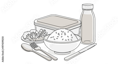 Monochrome line art illustration of DJ equipment including turntable headphones mixer and speakers.