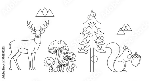 Monochrome line art illustration of DJ equipment including turntable headphones mixer and speakers.