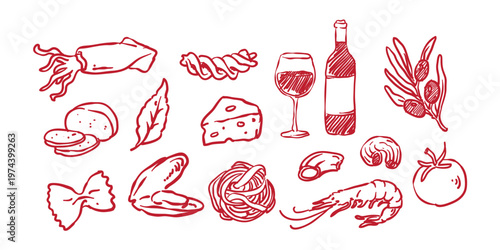 Set of hand drawn Italian pasta doodle style. Different mediterranean pasta with wine, seafood, cheese. Farfalle, fusilli, fettuccine, linguine vector line art illustration Classic italian cuisine