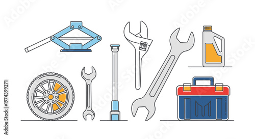 Monochrome line art illustration of DJ equipment including turntable headphones mixer and speakers.