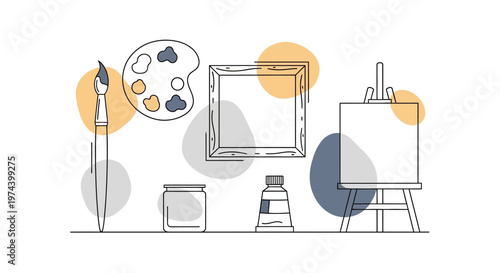 Monochrome line art illustration of DJ equipment including turntable headphones mixer and speakers.