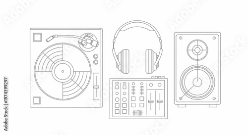 Monochrome line art illustration of DJ equipment including turntable headphones mixer and speakers.