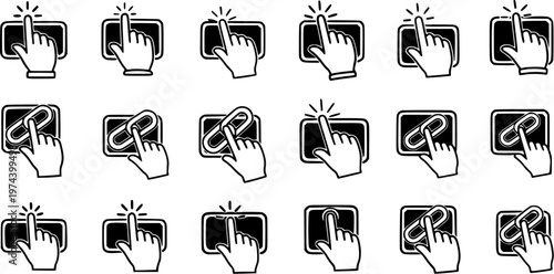 Digital Technology User Interface Icons Set with Hand Touching Screen and Link Symbols in Black and White Minimalist Glyph Line Art Style
