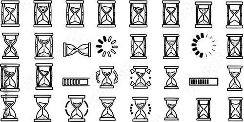 Black and White Line Art Icons of Hourglasses Representing Time and Loading