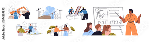 Architectural project set. Builders work on construction site, concreting house. Architects and engineers are presenting building drafts to workers. Flat isolated vector illustrations on white