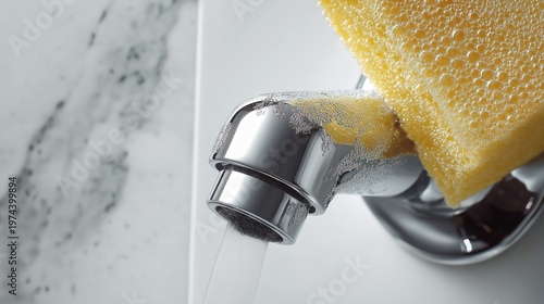 Yellow cleaning sponge washing a chrome kitchen faucet. Close up of soapy foam bubbles on a steel tap. Housework and household chore concept for hygiene, dishwashing and kitchen maintenance.