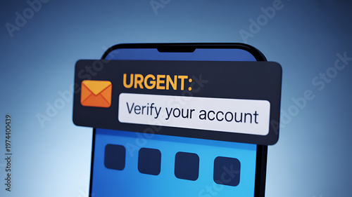 Urgent account verification notification on a computer screen with a blue background and a pop up alert