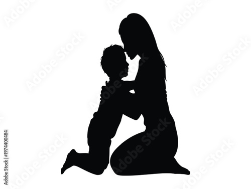 Silhouette of mother kneeling and hugging her son vector illustration EPS PNG file