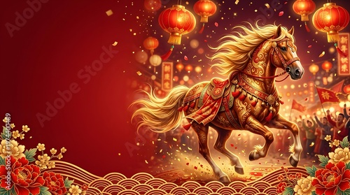 Festive Chinese New Year Celebration with Galloping Horse and Lanterns