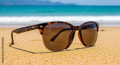 Stylish tortoiseshell sunglasses resting on sandy beach with ocean waves in background