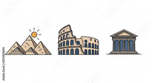 Pyramids colosseum and parthenon monuments in a row on white background