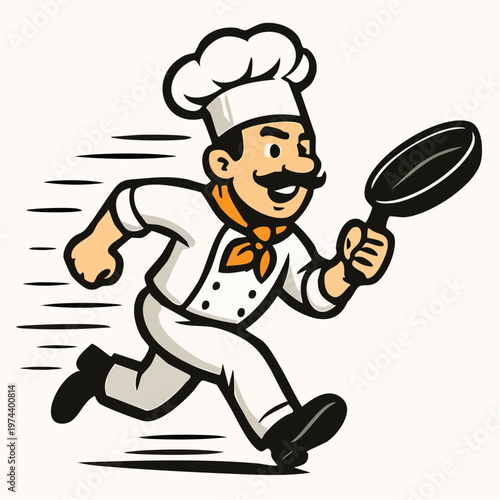 A cartoon chef running with a frying pan in his hand