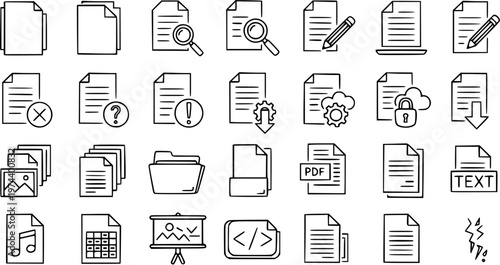 Black and White Line Art Icons of Document Management and Digital Files for Business and Technology