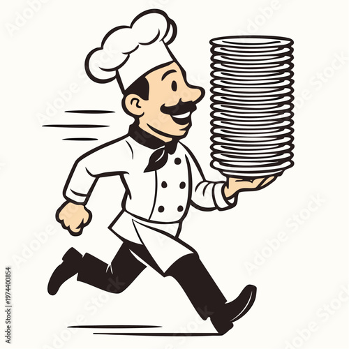 A cartoon chef running with a stack of plates in a playful illustration