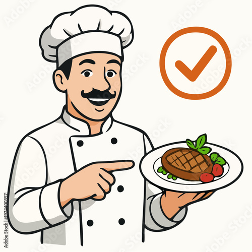 A cheerful cartoon chef presenting a delicious meal with a checkmark