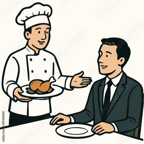 A chef presenting a meal to a businessman in a restaurant setting