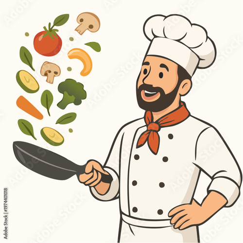 A cheerful cartoon chef holding a frying pan with floating vegetables and ingredients