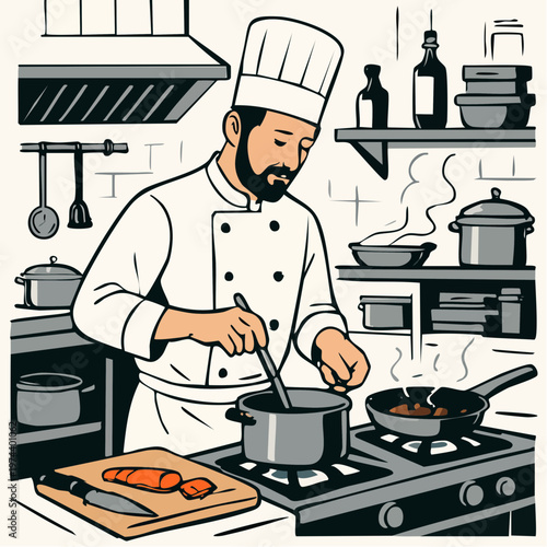 A chef cooking in a modern kitchen with various utensils and pots