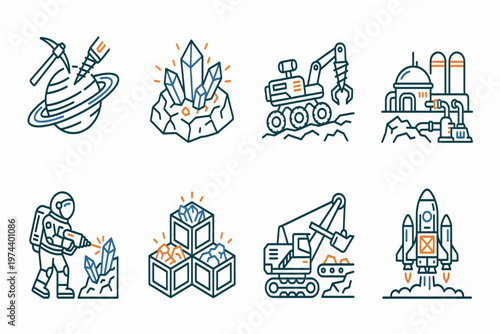 Astronaut explores industrial mining site with crystals and rockets nearby