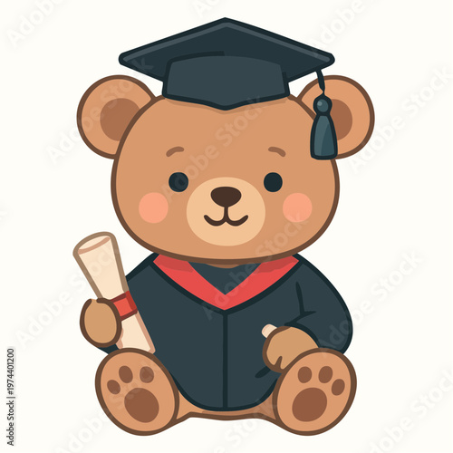 A cute cartoon bear wearing a graduation cap and gown holding a diploma