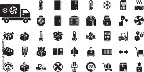 Black HVAC icons, heating ventilation air conditioning symbols, 40 black and white vector graphics, climate control illustrations, set of monochrome line icons