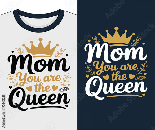 White and navy t-shirt mockup with 'mom you are the queen' text vector illustration EPS PNG file