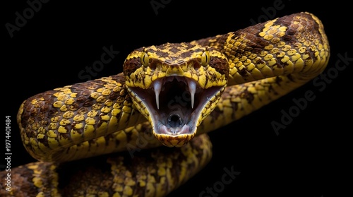 Close-up of a venomous snake with open mouth on black background